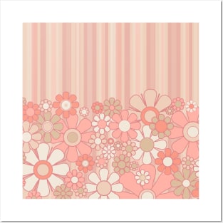 Retro Garden Flowers and Stripes Vintage Aesthetic Floral Pattern in Pastel Pink Peach Posters and Art